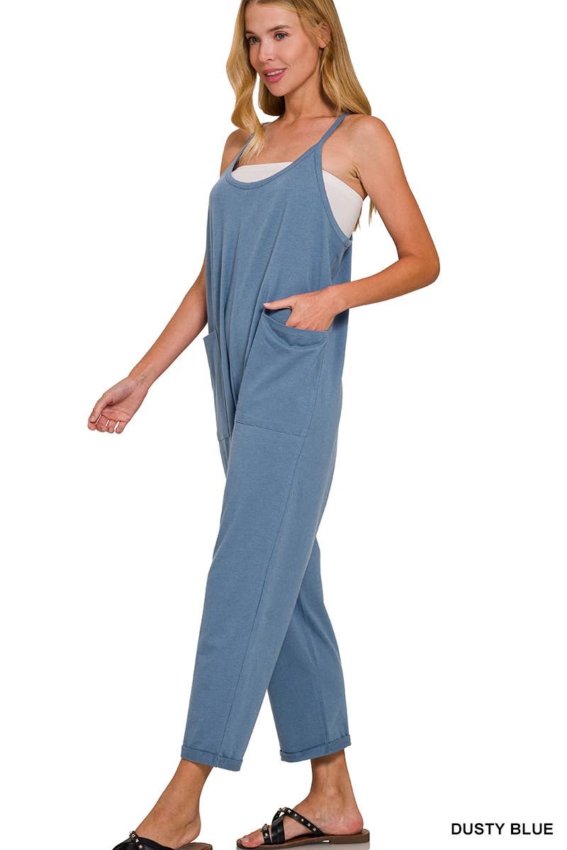 `.Spaghetti Strap Pocketed Jumpsuit: DK OLIVE-171541 / S/M