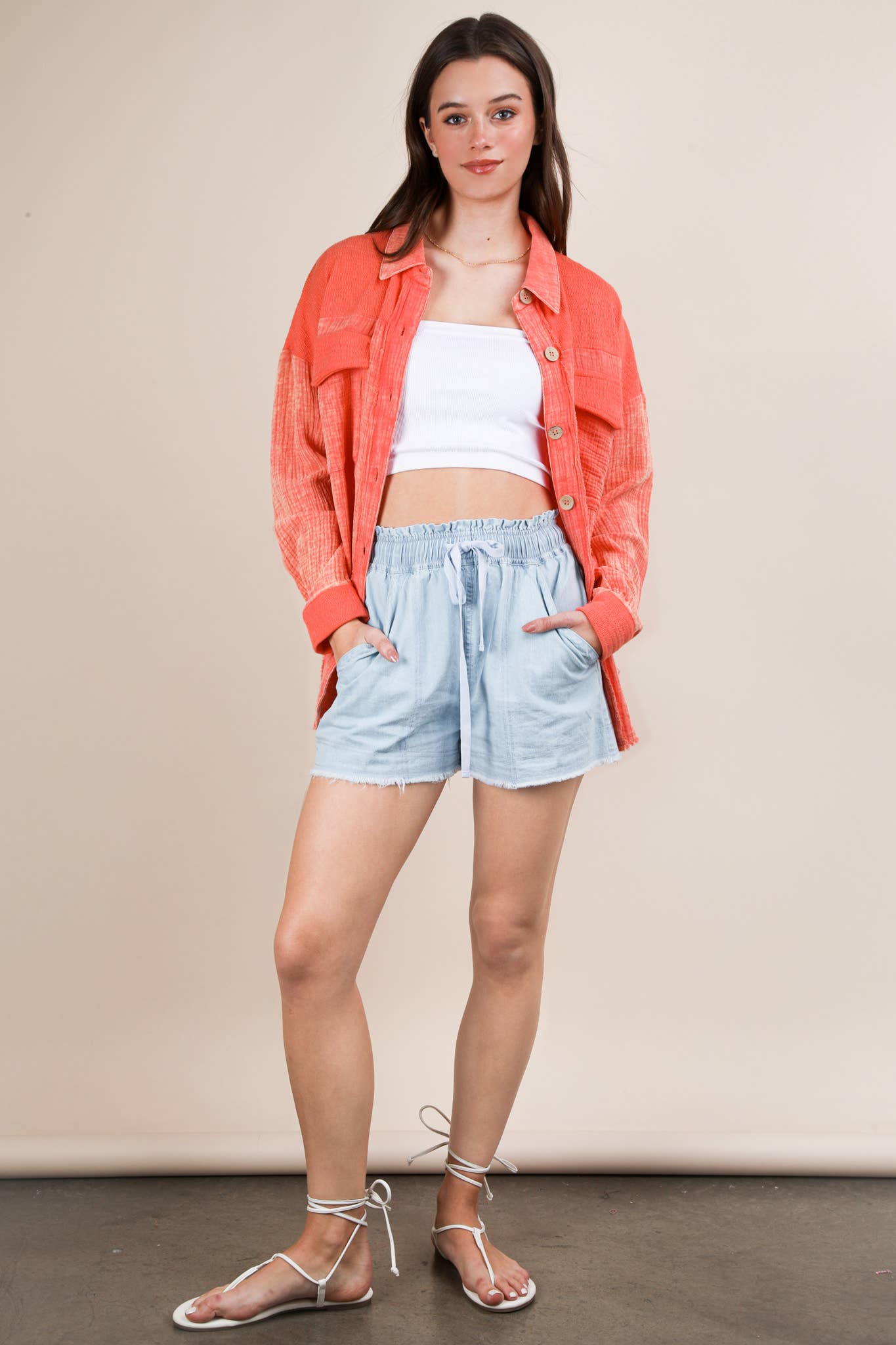 NJ90360-Mineral Washed Oversized Gauze Shacket Jacket: TAUPE / S-M-L/2-2-2
