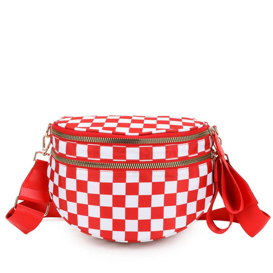 Paulina Nylon Waterproof Multi-Compartment 10" Crossbody Bag: Red Checker