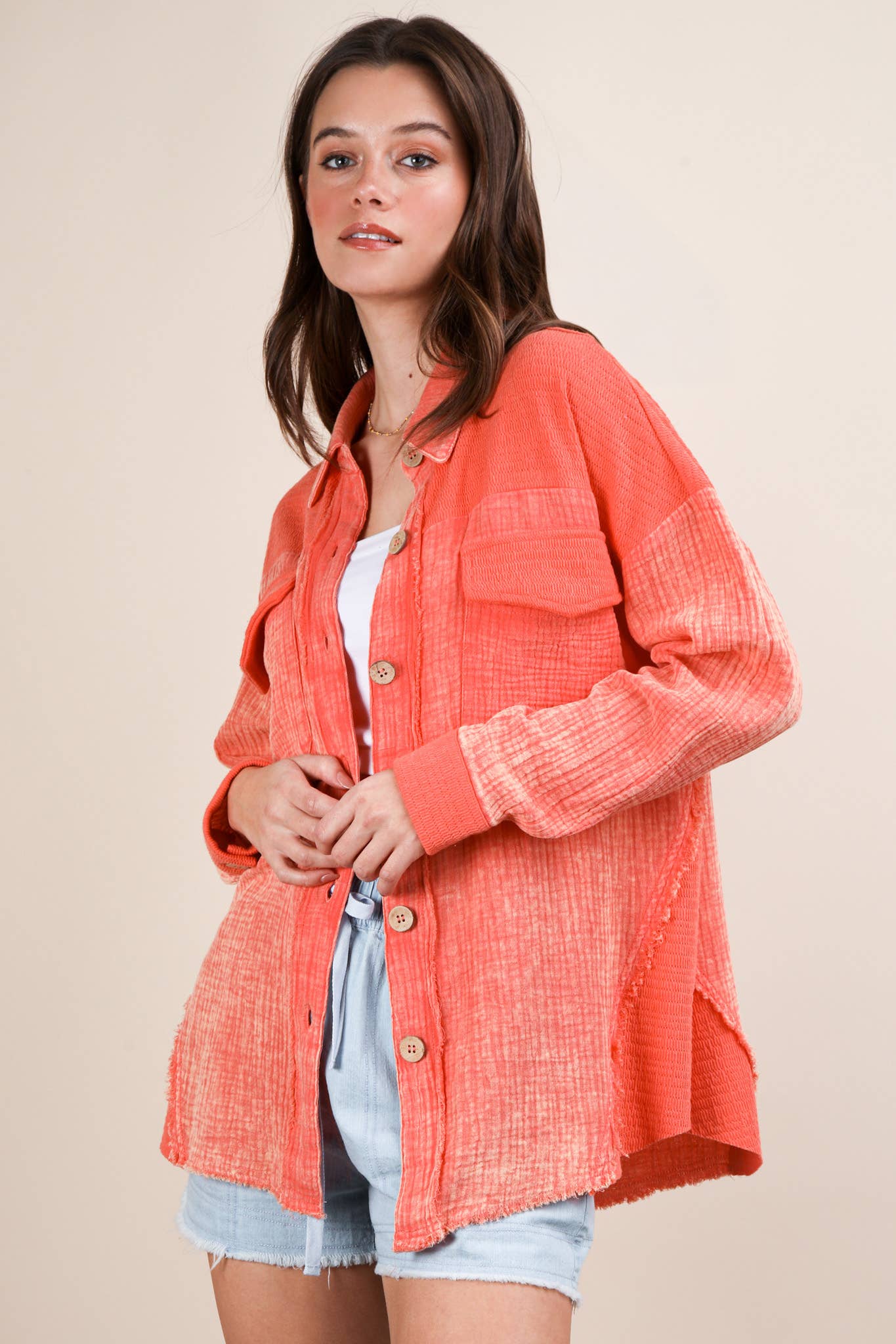 NJ90360-Mineral Washed Oversized Gauze Shacket Jacket: TAUPE / S-M-L/2-2-2