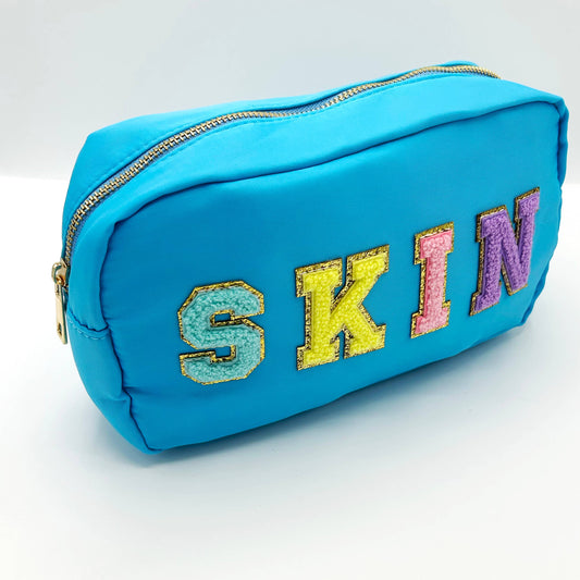 Cosmetic or Toiletry Bag with Varsity Letter Patches: Light Blue with SKIN