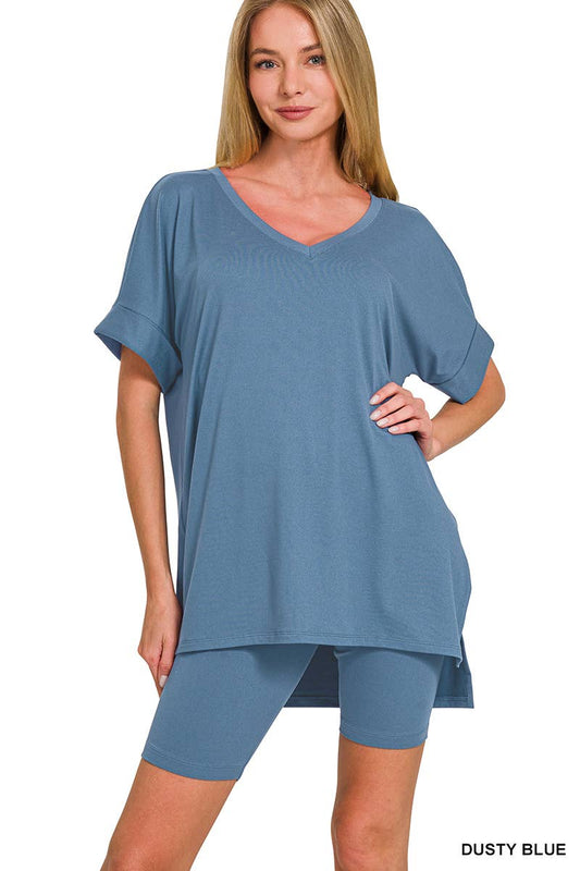 Brushed Dty Microfiber V-neck Top And Biker Shorts: DUSTY BLUE / 1-1-1-1 (S-M-L-XL)