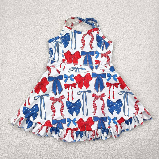 Baby Girls Strap Blue Red Bows 4th Of July Yoga Active Knee Length Dresses: 4T