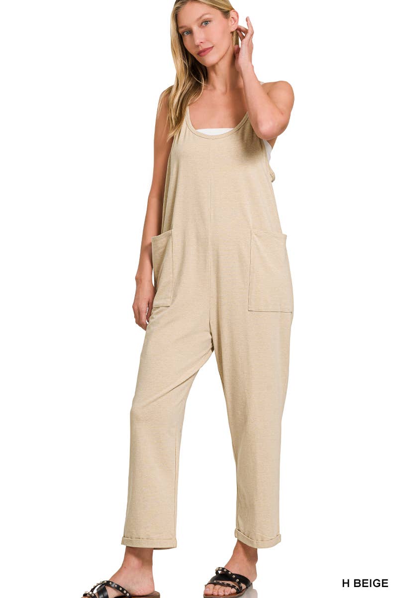 `.Spaghetti Strap Pocketed Jumpsuit: BROWN-181983 / S/M