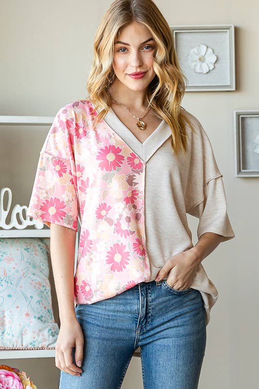 ET7547-12 SOLID AND FLORAL TOP: PEACH / 2-2-2 (S-M-L)