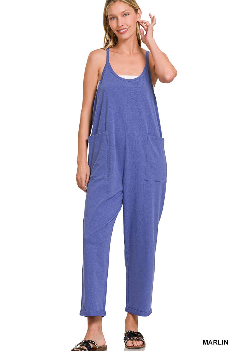 `.Spaghetti Strap Pocketed Jumpsuit: DK OLIVE-171541 / L/XL