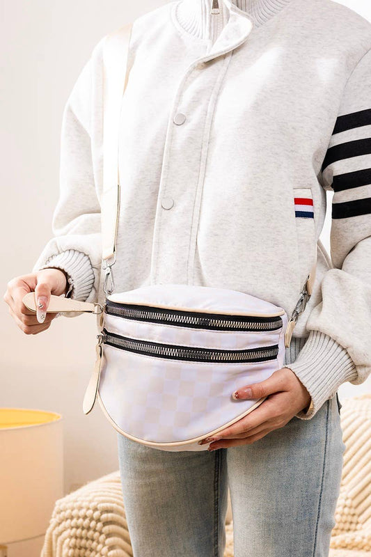 SI-27928 Double Zip Crescent Sling Bum Bag: BEIGE CHECKERED-182324 / OS