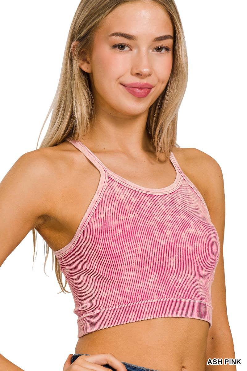 ",,,,,.Premium Washed Seamless Halter Racerback Crop Tank: HOT PINK-180307 / S/M