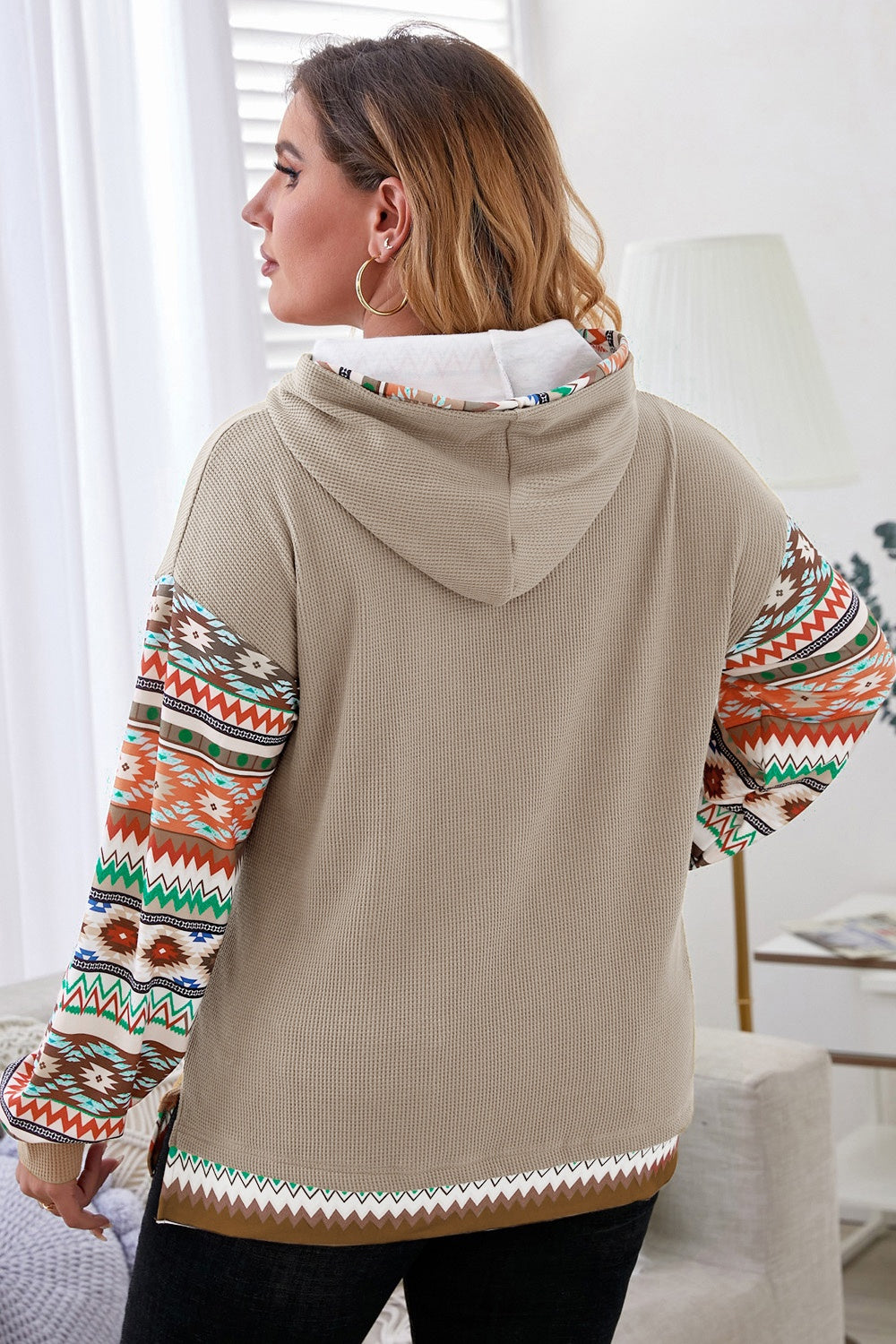 Plus Size Waffle-Knit Geometric Dropped Shoulder Hoodie