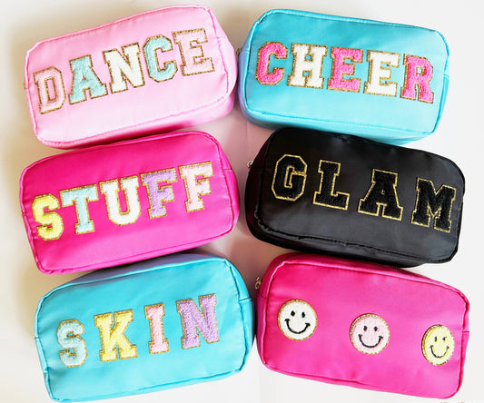 Cosmetic or Toiletry Bag with Varsity Letter Patches: Dark Pink with STUFF