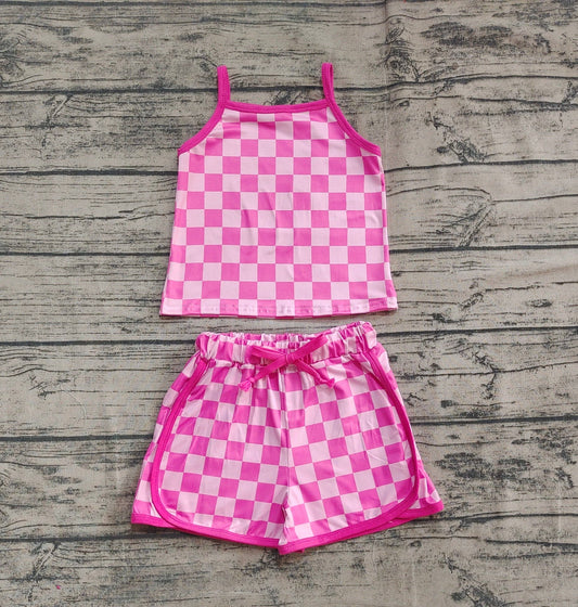 Baby Girls Pink Strap Plaid Top Short Sports Sets: 4T