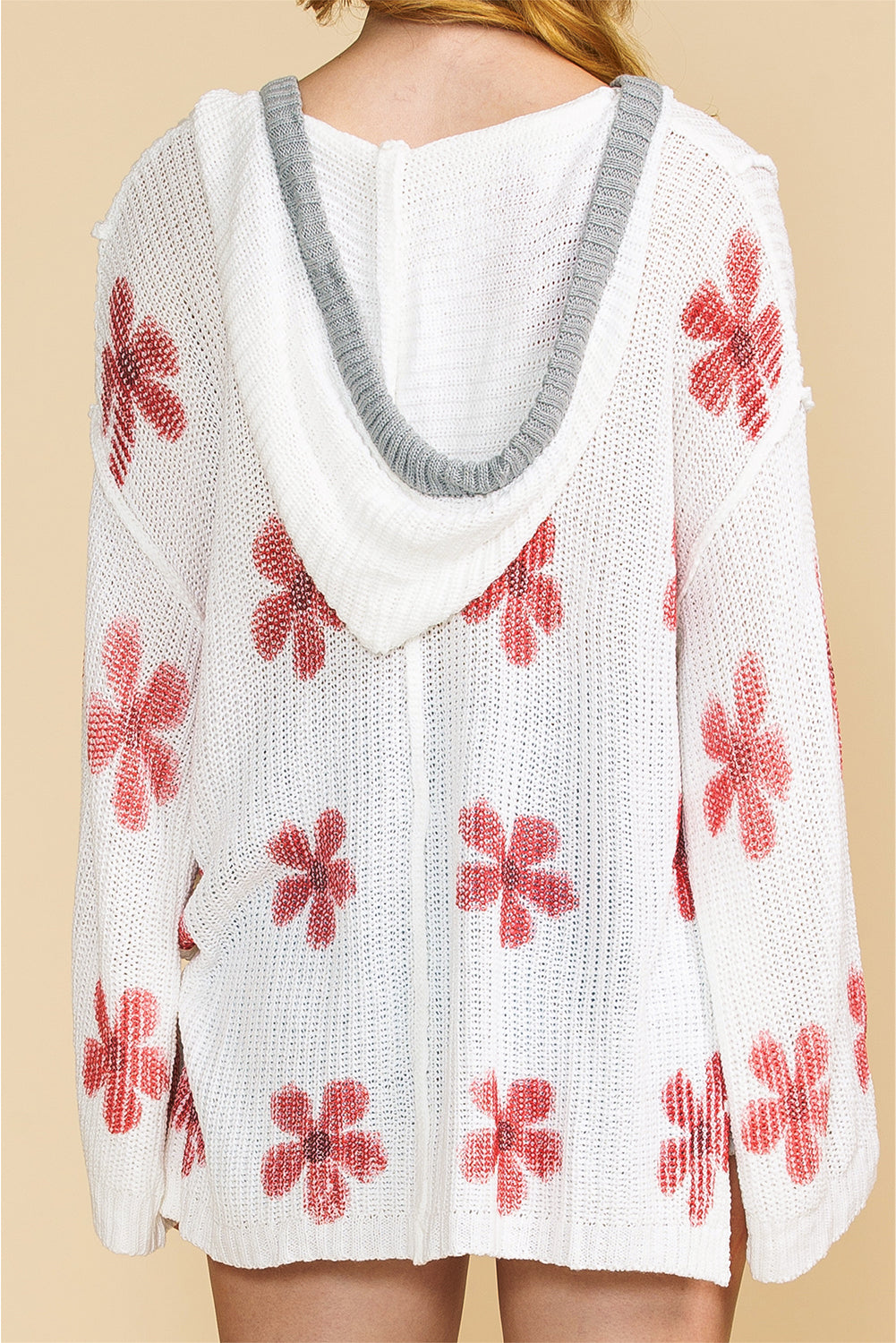 Wholesale White 60s Floral Print Oversized Knit Hooded Sweater