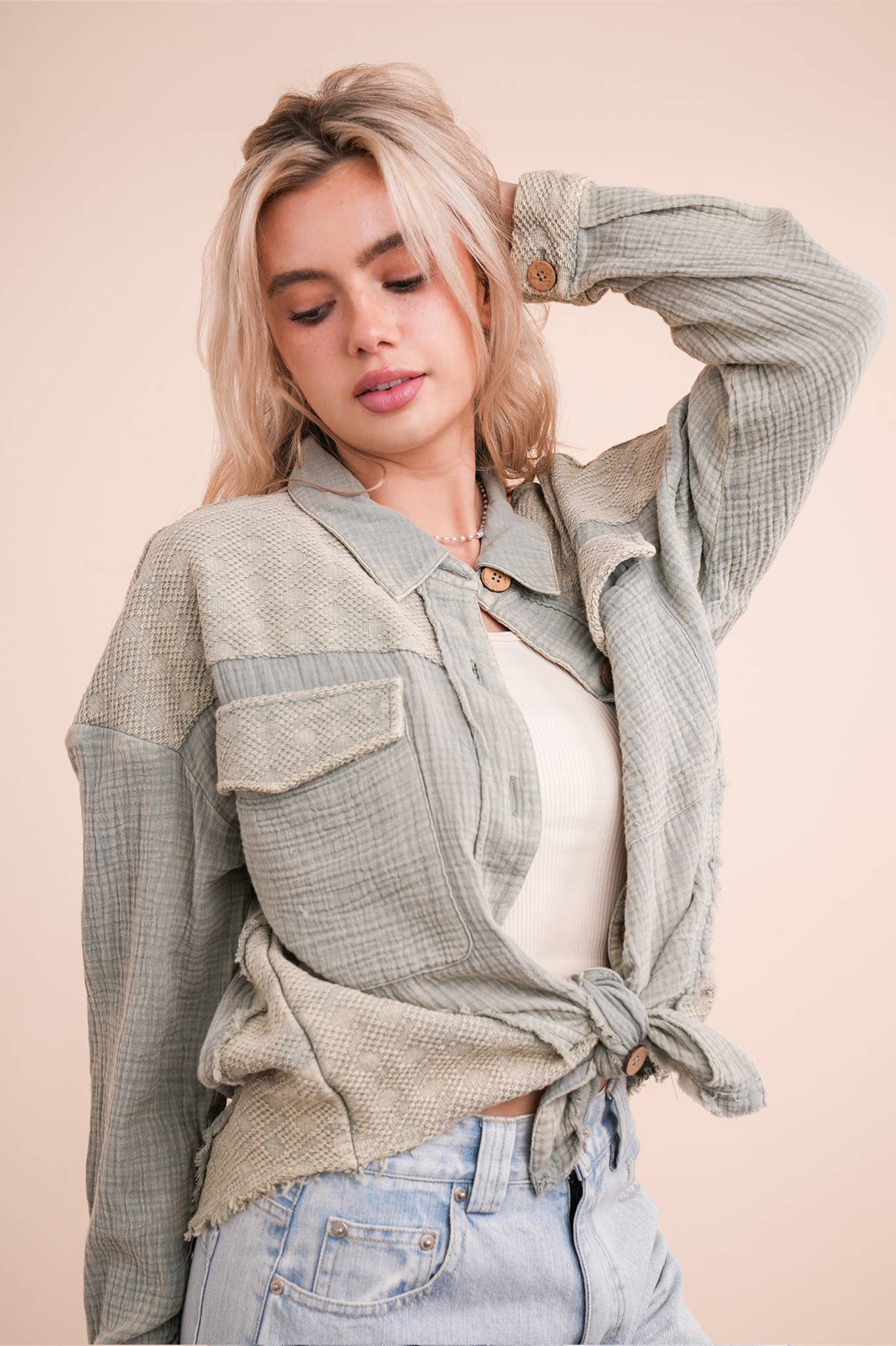 NJ90360-Mineral Washed Oversized Gauze Shacket Jacket: TAUPE / S-M-L/2-2-2