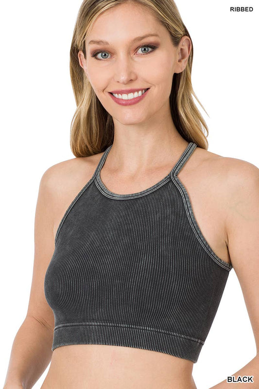 ".....Washed Seamless Halter Crop Tank: BLACK-151939 / L/XL
