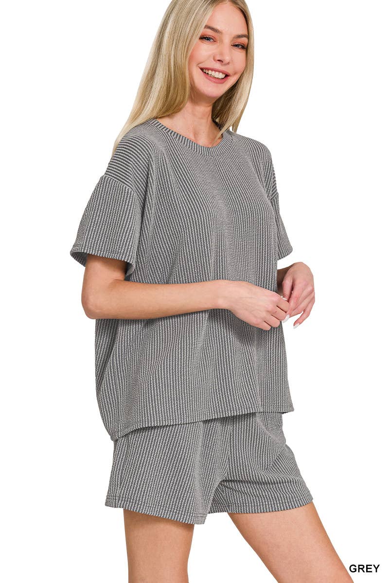 `.Corded Rib Short Sleeve Tee & Short Pants 2PC Set: DUSTY BLUE-183672 / M
