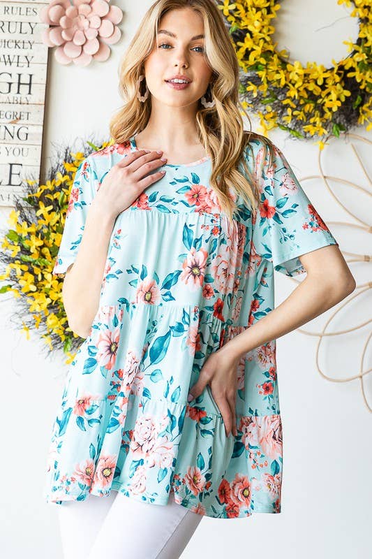 ET7279-10  FLORAL TIERED TOP: MINT / 2-2-2 (1X-2X-3X)