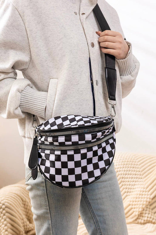 SI-27928 Double Zip Crescent Sling Bum Bag: BEIGE CHECKERED-182324 / OS
