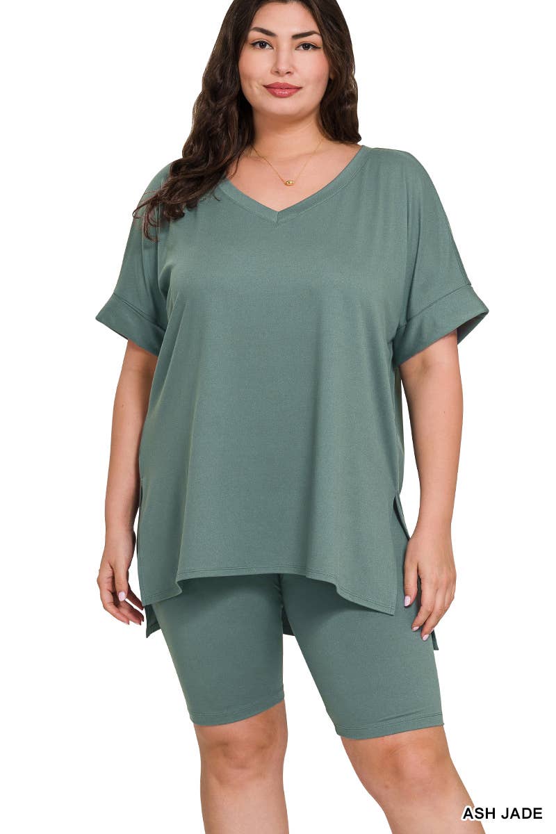 SI-19985 Plus size Hi Low Hem Top & Biker Shorts 2pc Set: +ASHGREY-139919 / 3X
