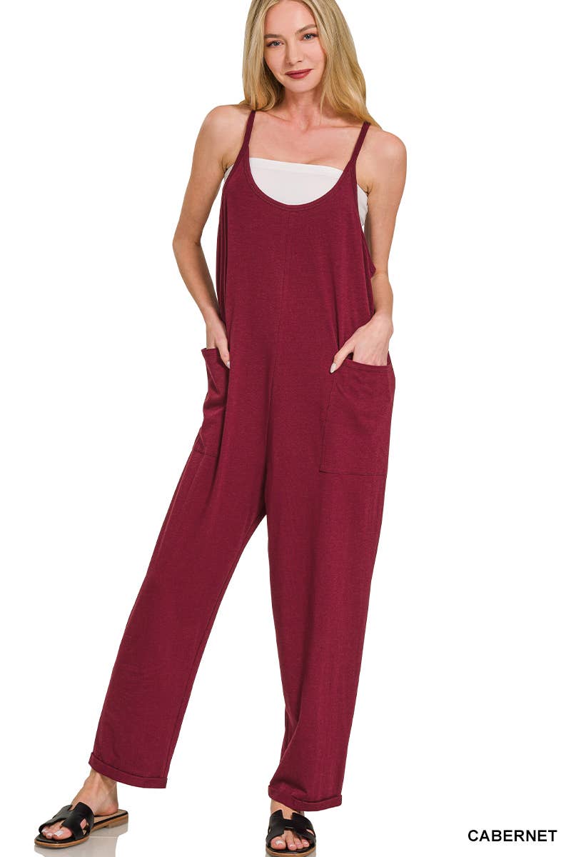`.Spaghetti Strap Pocketed Jumpsuit: BROWN-181983 / S/M