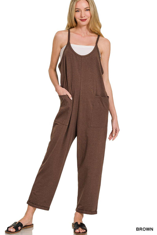 `.Spaghetti Strap Pocketed Jumpsuit: BROWN-181983 / L/XL