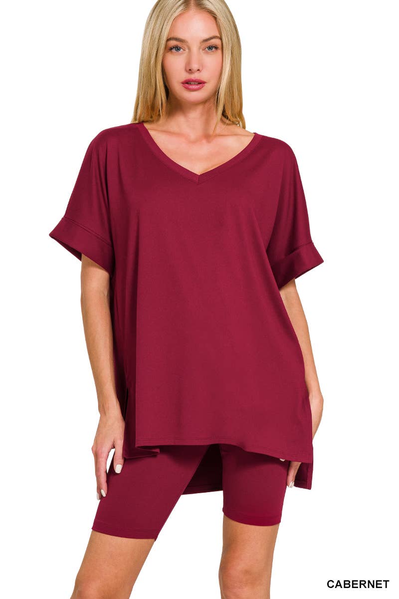 Brushed Dty Microfiber V-neck Top And Biker Shorts: DUSTY BLUE / 1-1-1-1 (S-M-L-XL)