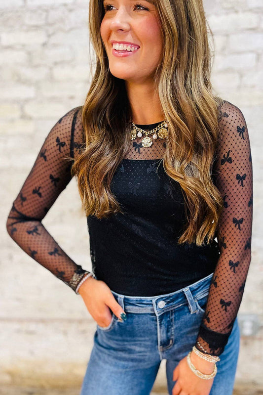 Black Bow Pattern Accent Mesh Long Sleeve Top: Black / 88%Polyamide+12%Elastane / L