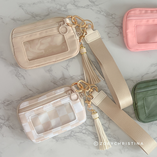 Tassel Zipper Wristlet Wallet with Clear ID Slot – 4 Colors: Beige Check