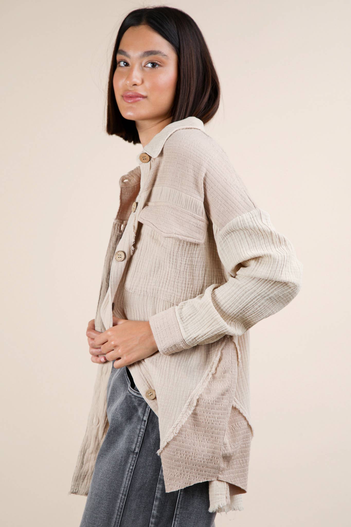 NJ90360-Mineral Washed Oversized Gauze Shacket Jacket: TAUPE / S-M-L/2-2-2