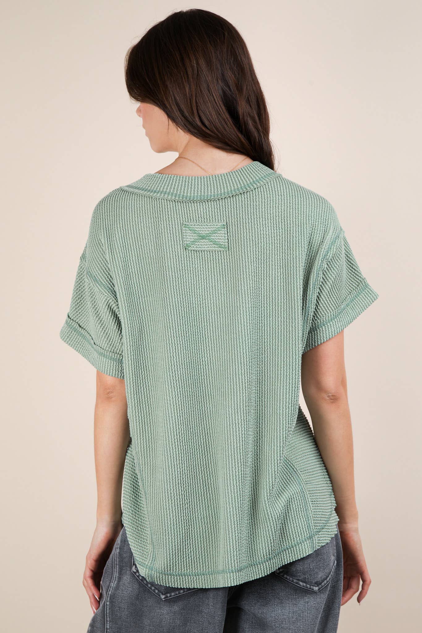 NT12075-Soft Two Tone Casual Comfy Ribbed Knit Top: PINK / S-M-L/2-2-2
