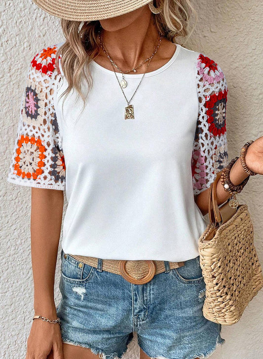 Casual Round Neck Half Sleeve Top Floral Crochet T Shirt: White / 95%Polyester+5%Elastane / S