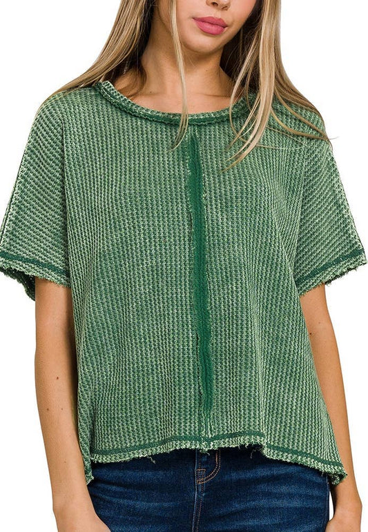 Washed Baby Waffle Short Sleeve Top: DK GREEN / 3-3 (S/M-L/XL)