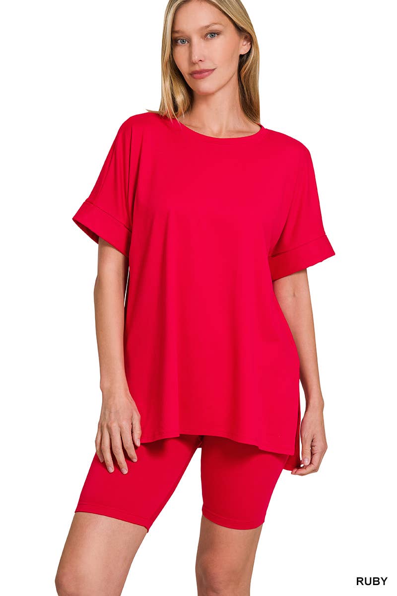 `.Microfiber Top & Biker Shorts 2 Pc Set: CORAL-184059 / S