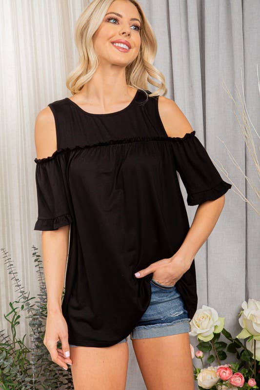 ET6112S COLD SHOULDER SOLID TOP WITH RUFFLED: NEON PINK / 2-2-2 (1X-2X-3X)