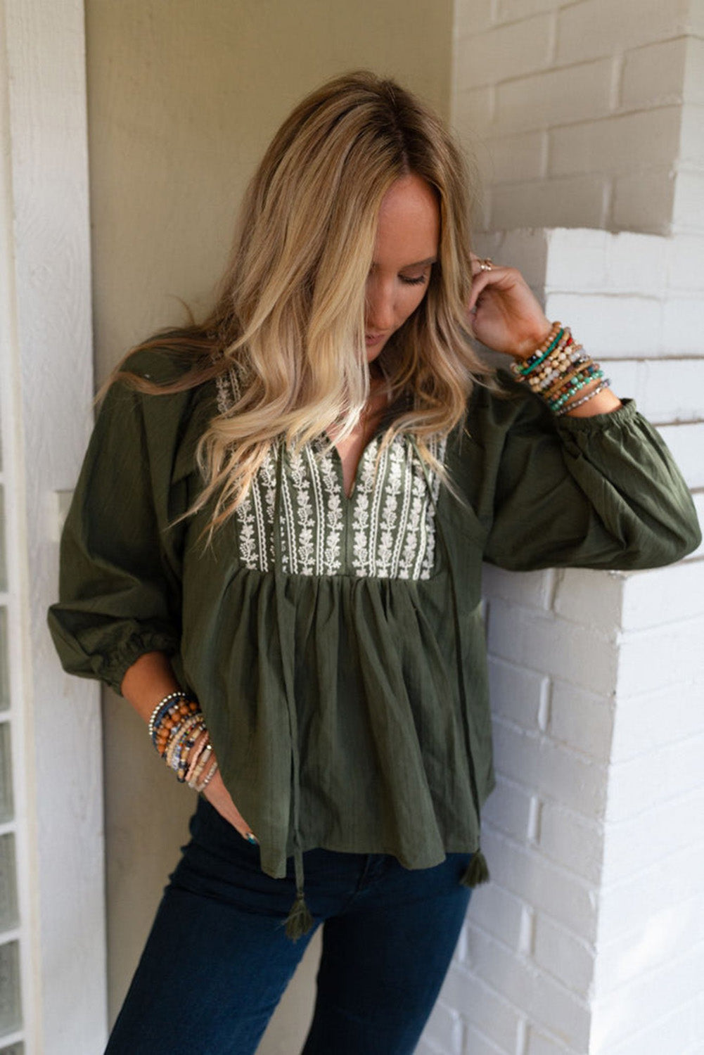 Wholesale Green Embroidered Split Neck Pleated Loose Blouse