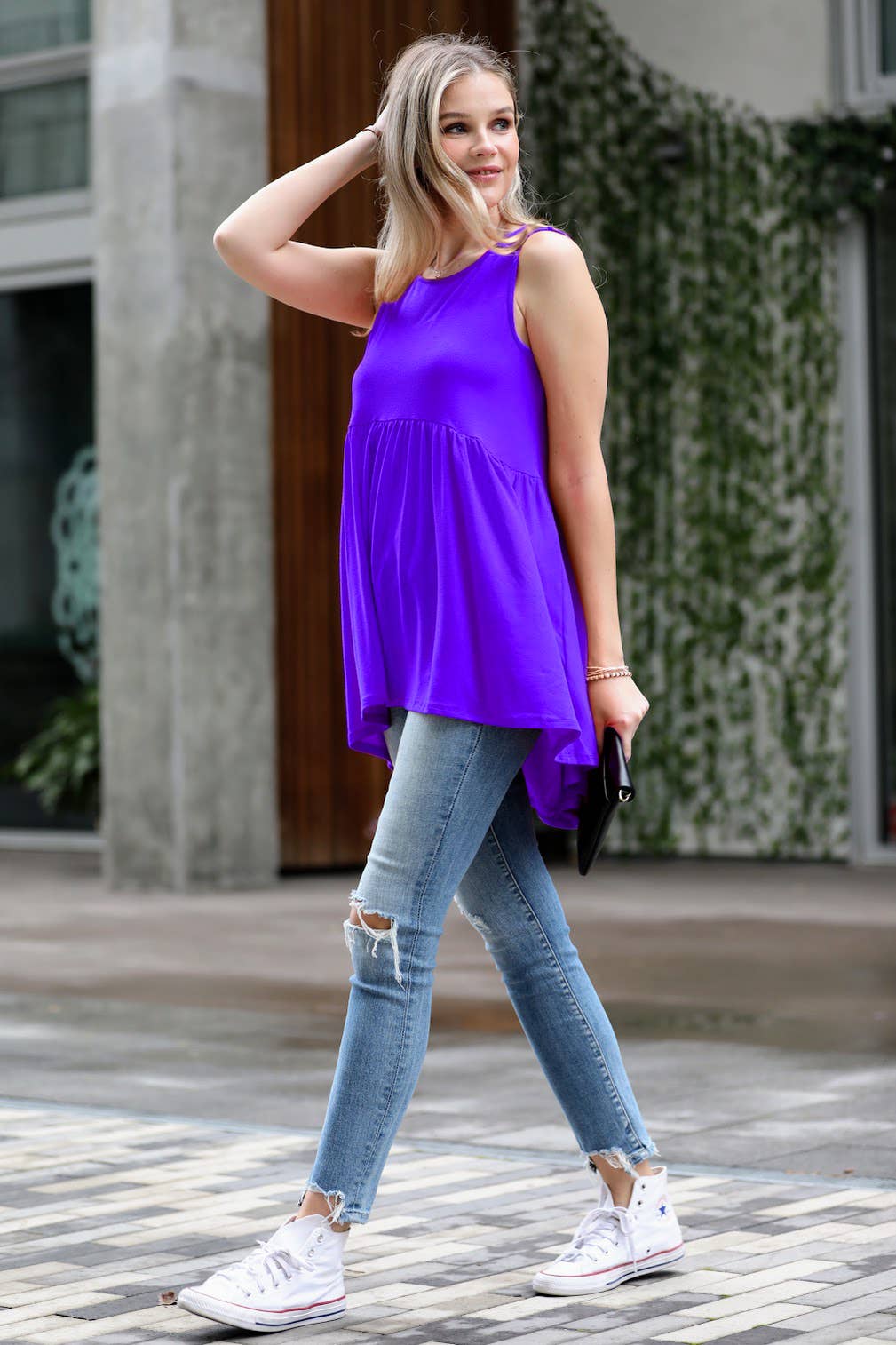 ,.._ SI-15995 Sleeveless Waist Shirring Tunic: BLUEGREY-85889 / M