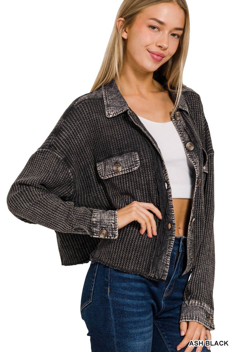 .0704 Acid Wash Oversized Cotton Waffle Cropped Shacket SI-25343: ASH BLACK-160225 / L/XL