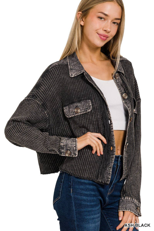 .0704 Acid Wash Oversized Cotton Waffle Cropped Shacket SI-25343: ASH BLACK-160225 / S/M