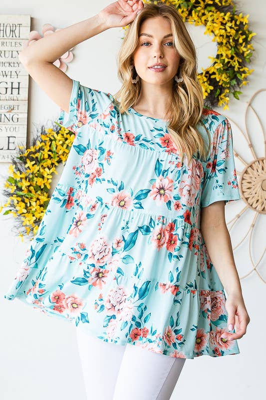 ET7279-10  FLORAL TIERED TOP: MINT / 2-2-2 (1X-2X-3X)
