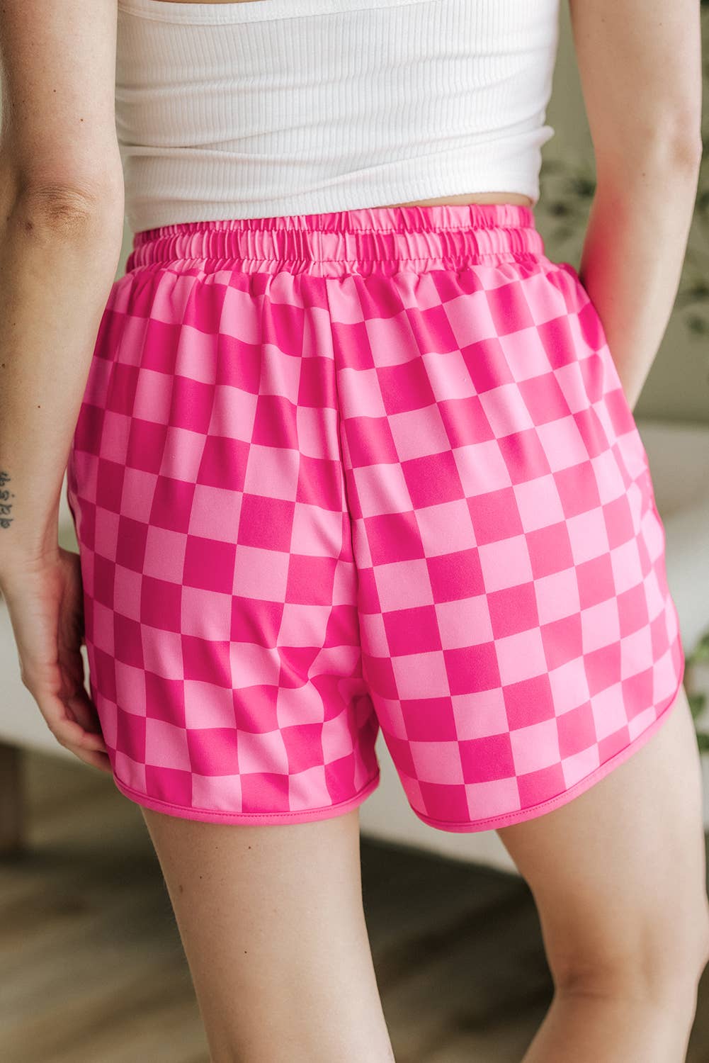 Checkered Drawstring Elastic Waist Casual Shorts: Black / 2XL