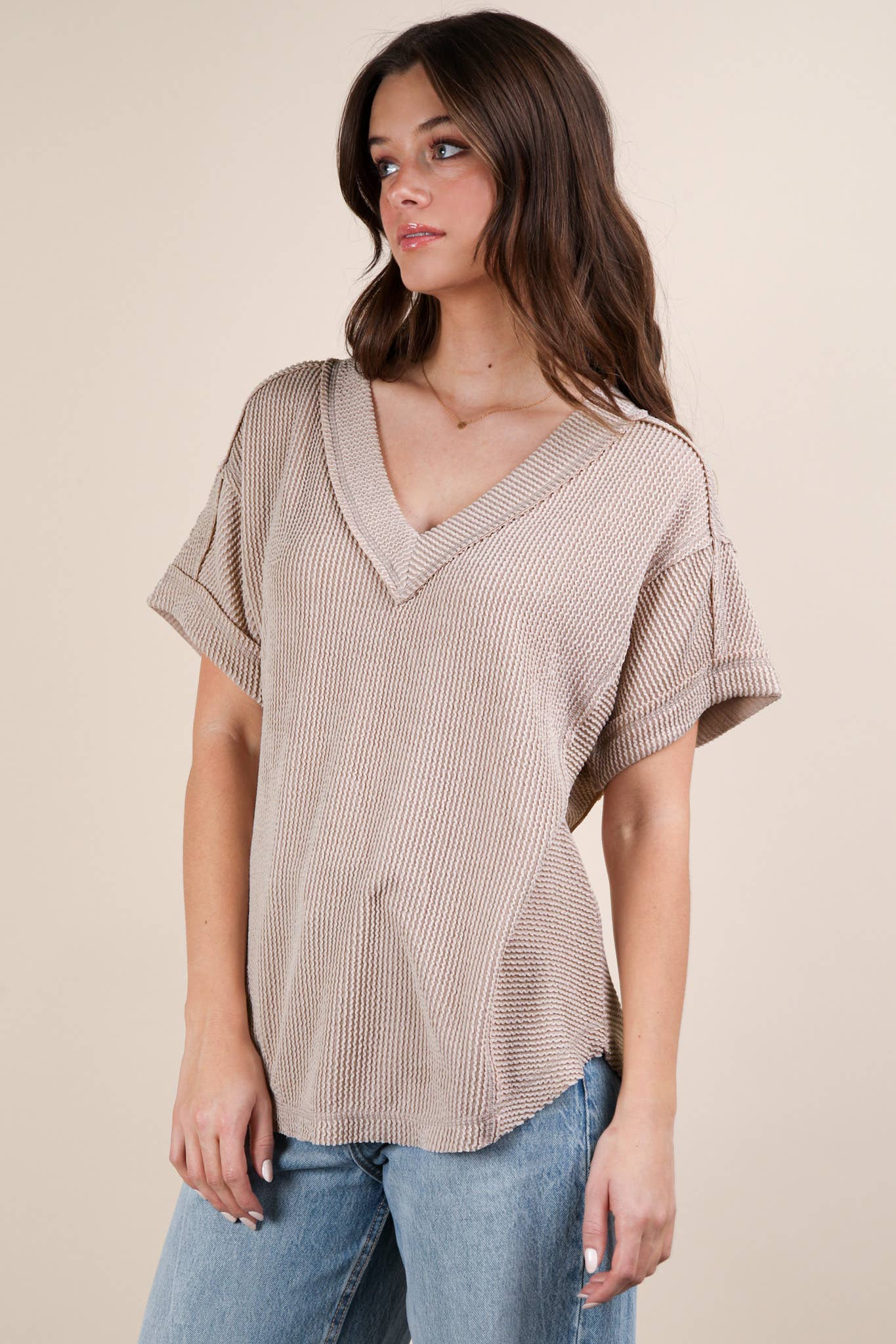 NT12075X-PLUS SIZE Soft Two Tone Casual Comfy Ribbed Knit To: PINK / 1XL-2XL-3XL/3-2-1