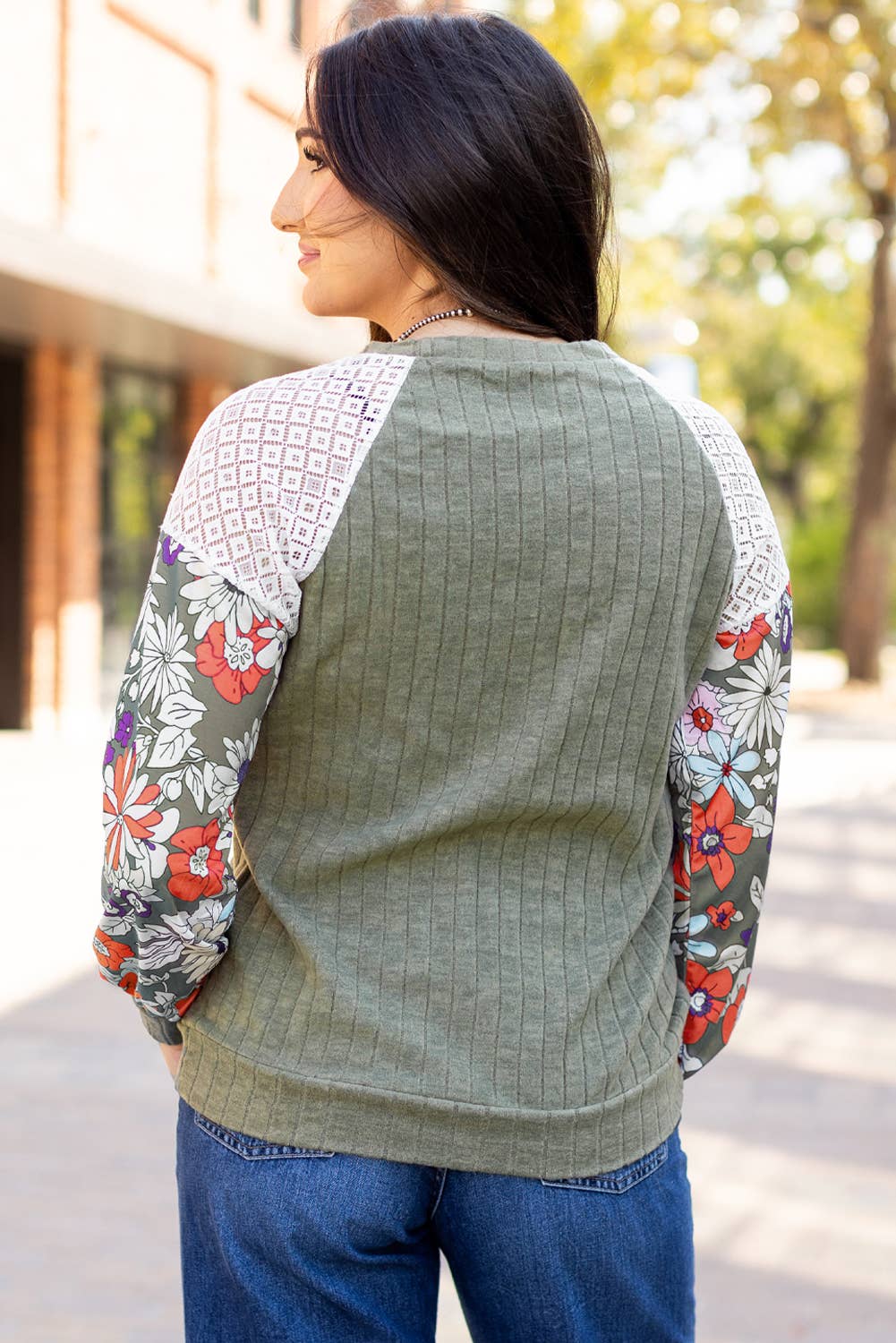 Floral Patchwork Ribbed Blouse with Long Sleeves in Laurel: Laurel Green / 97%Polyester+3%Elastane / S