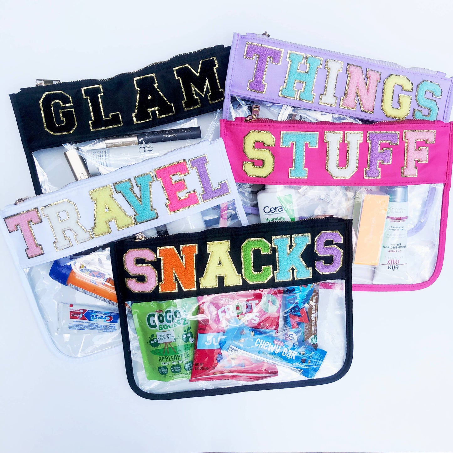 Varsity Letter Patch Clear Zippered Pouch Bag: Purple with THINGS