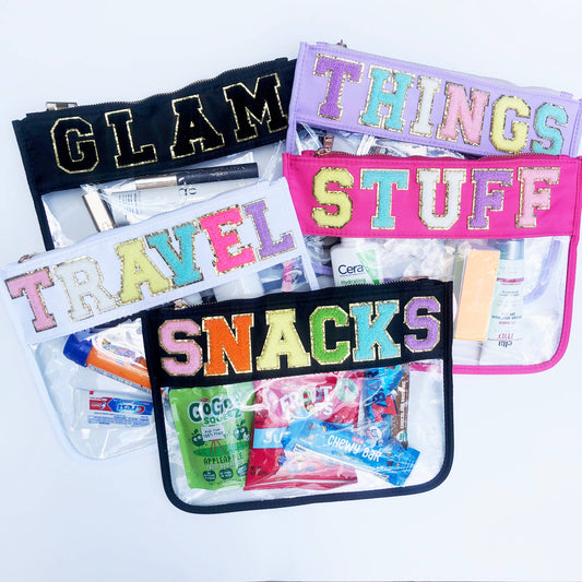Varsity Letter Patch Clear Zippered Pouch Bag: Pink with STUFF