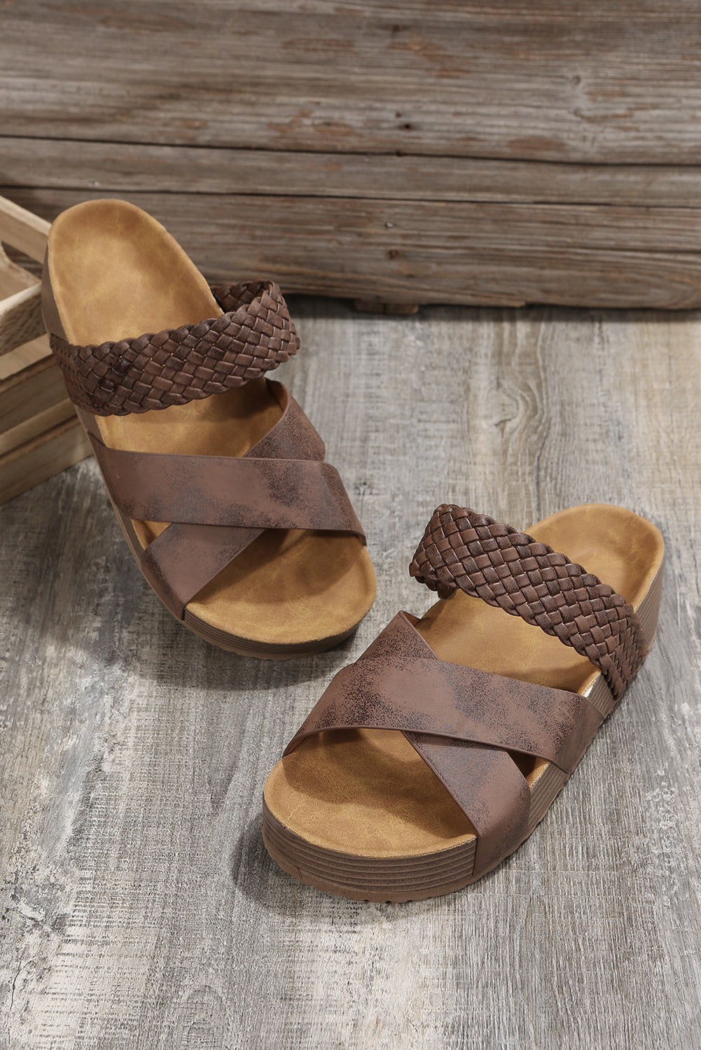 Brown Braided Detail Criss Cross Platform Slides Shoes