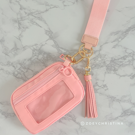 Tassel Zipper Wristlet Wallet with Clear ID Slot – 4 Colors: Pink