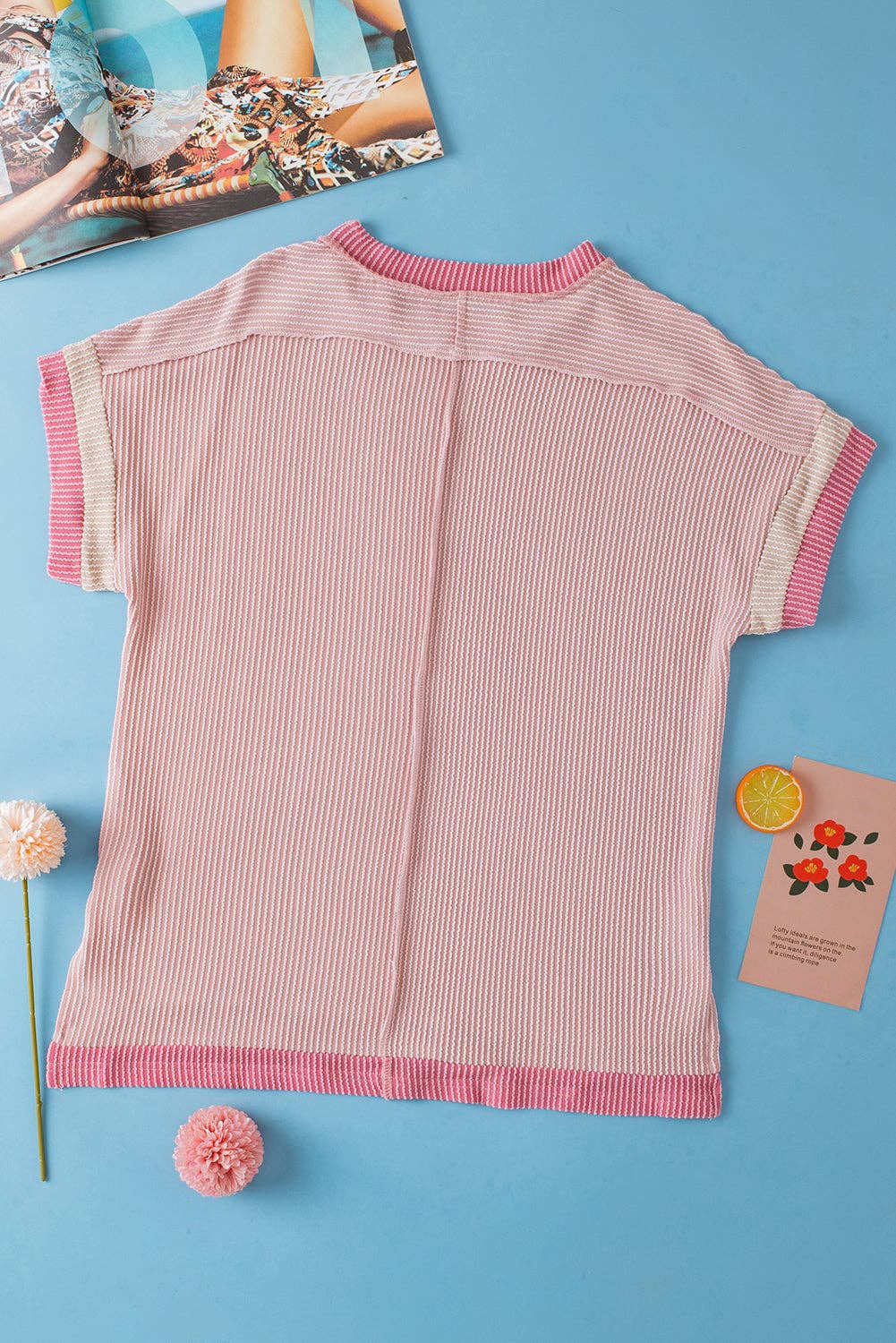 Textured Contrast Trim Round Neck T Shirt: Sky Blue / 75%Polyester+20%Viscose+5%Elastane / L