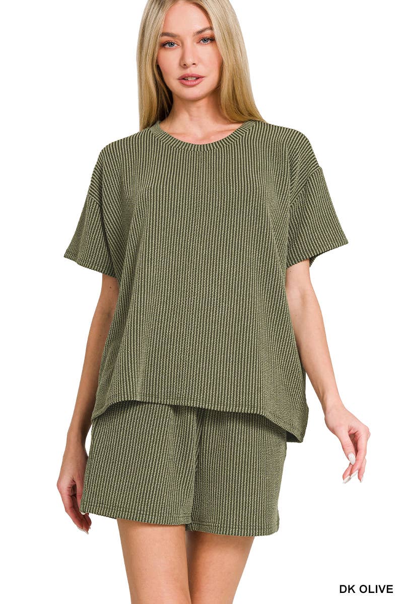 `.Corded Rib Short Sleeve Tee & Short Pants 2PC Set: DUSTY BLUE-183672 / M