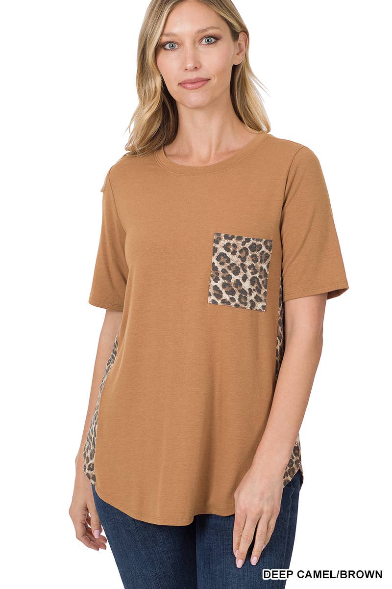 Contrast Side Panel Leopard Front Pocket Top: ASH MOCHA/BROWN / 1-1-2-2 (S-M-L-XL)