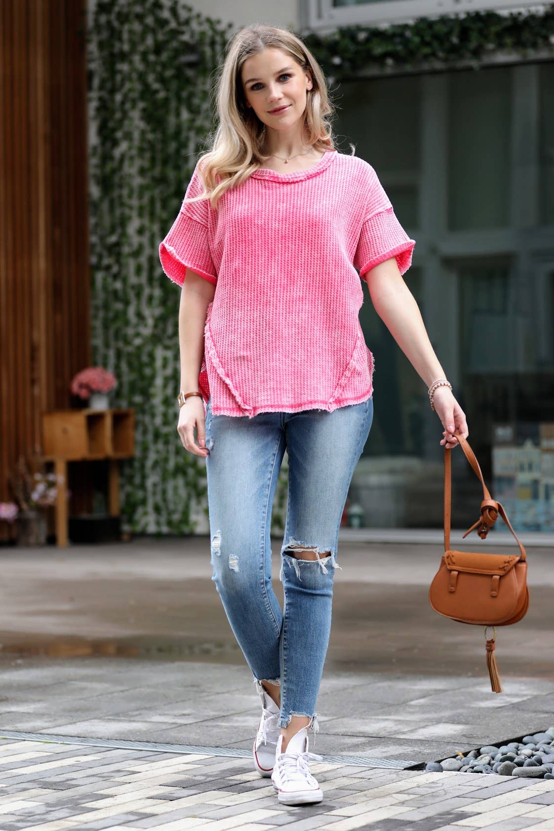 `.Washed Baby Waffle Top w/ back patch: DEEP SKY-162396 / S/M