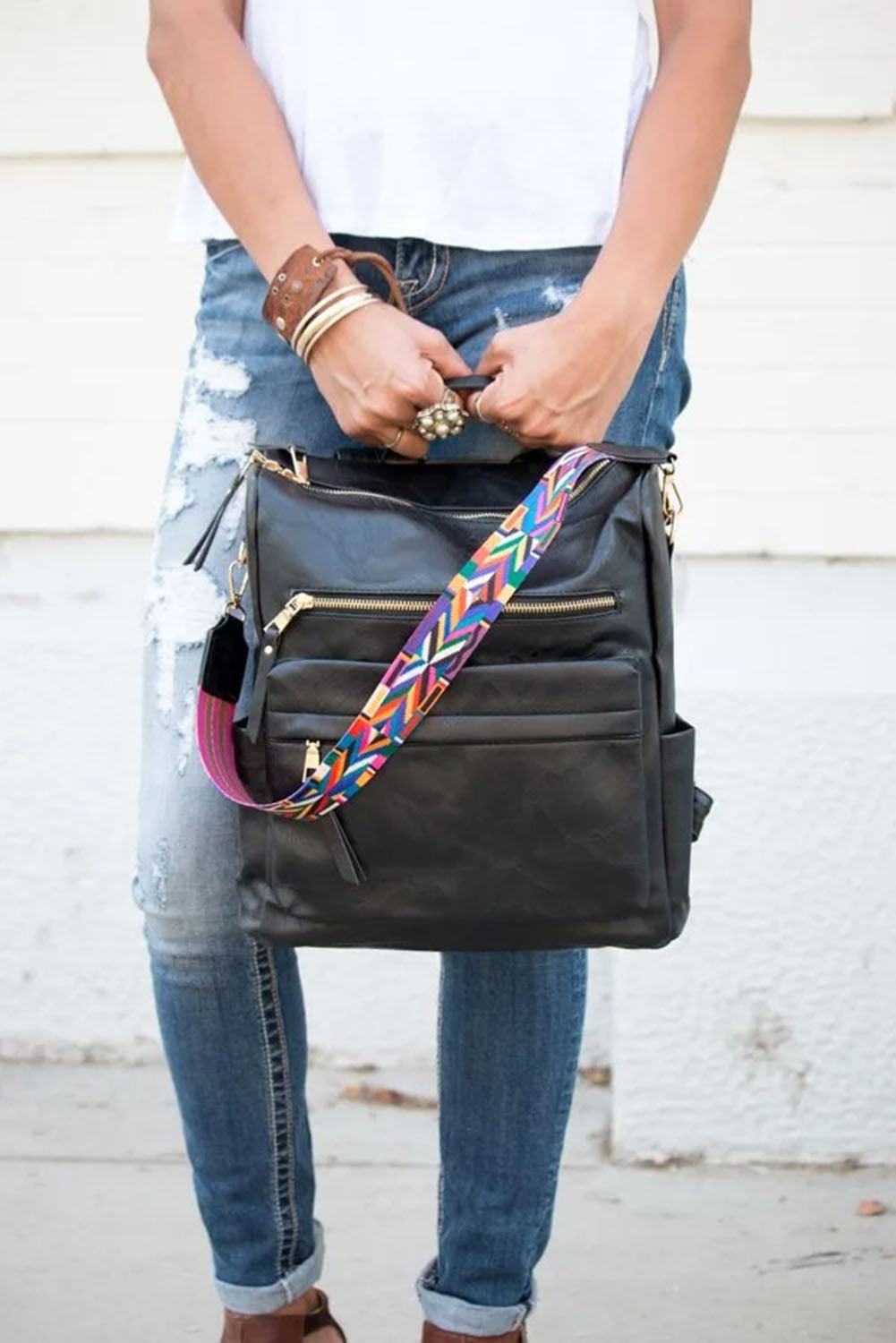 Chestnut Geometric Crochet Strap PU Leather Large Backpack